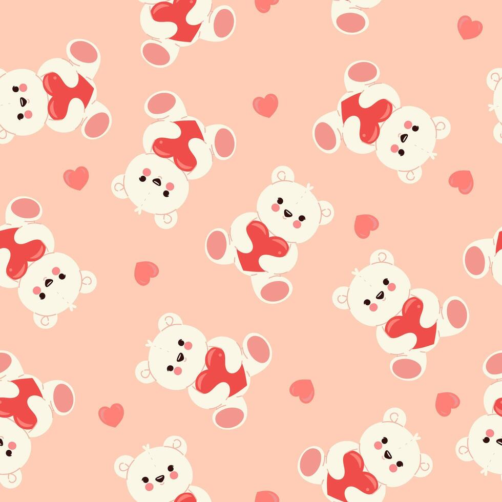 Seamless pattern with cute toy bears holding hearts. Vector graphics.