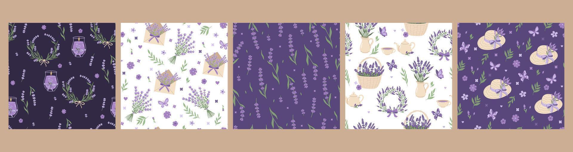 conjunto de sin costura patrones con lavanda flores vector gráficos.