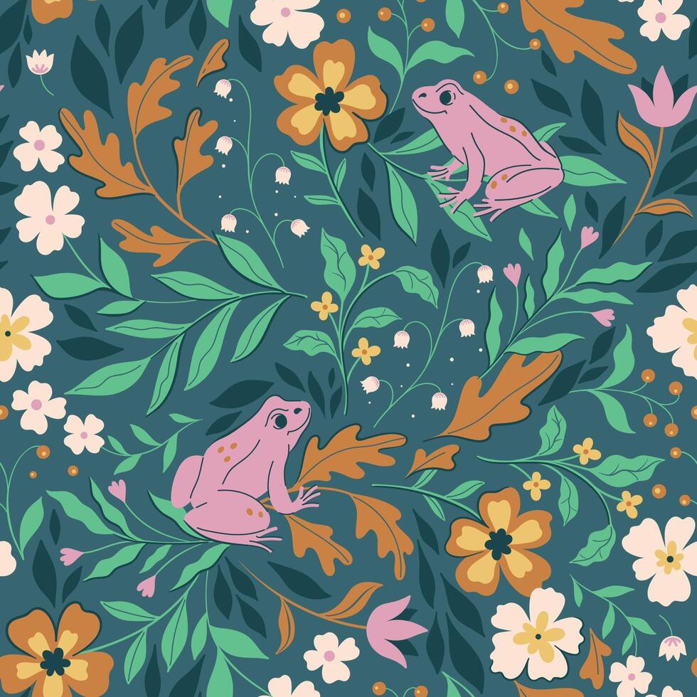 Seamless pattern with forest pink tree frogs, leaves and flowers. Vector graphics.