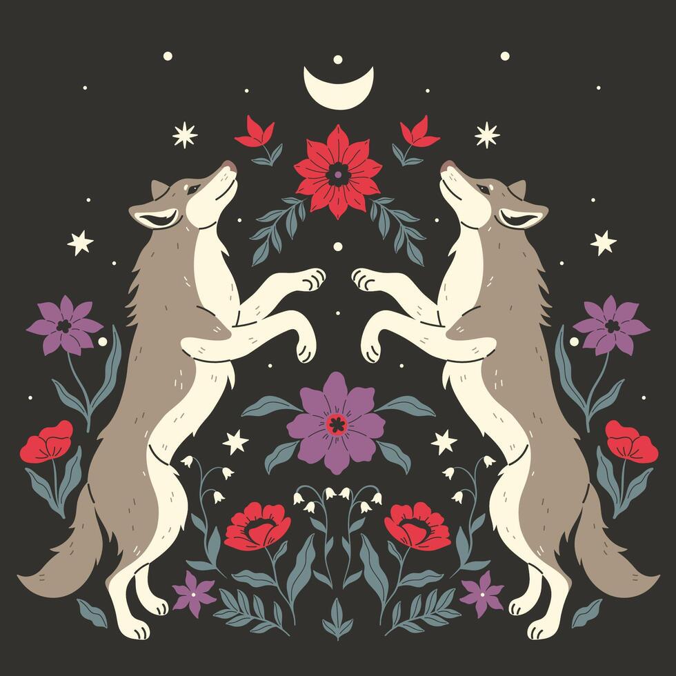 A symmetrical composition of two wolves standing sideways in a jump and flowers on a dark background. Vector graphics