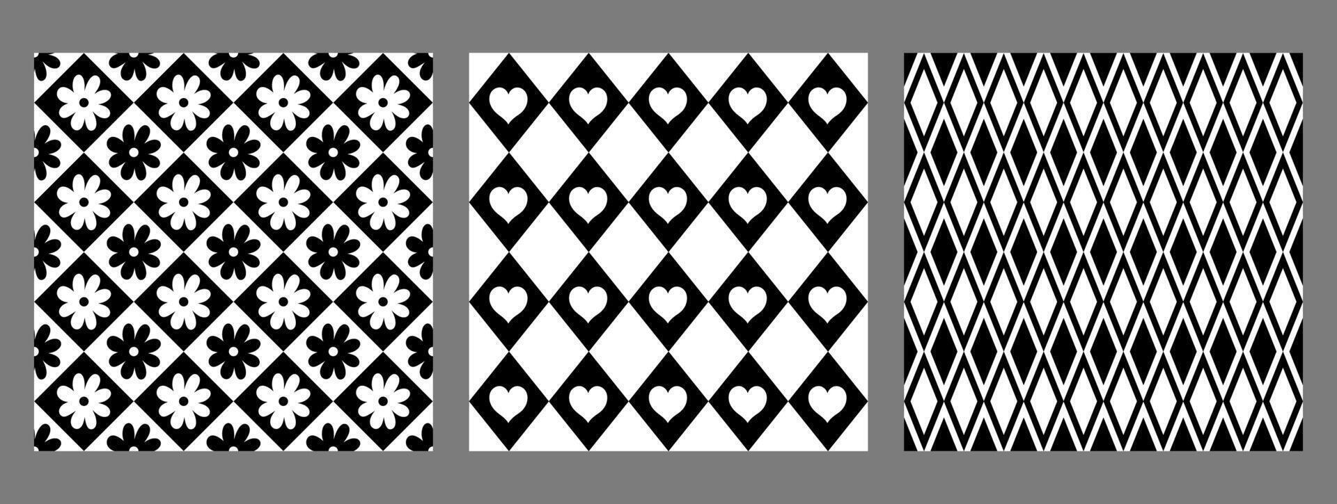 Set of black and white diamond seamless patterns. Vector graphics.