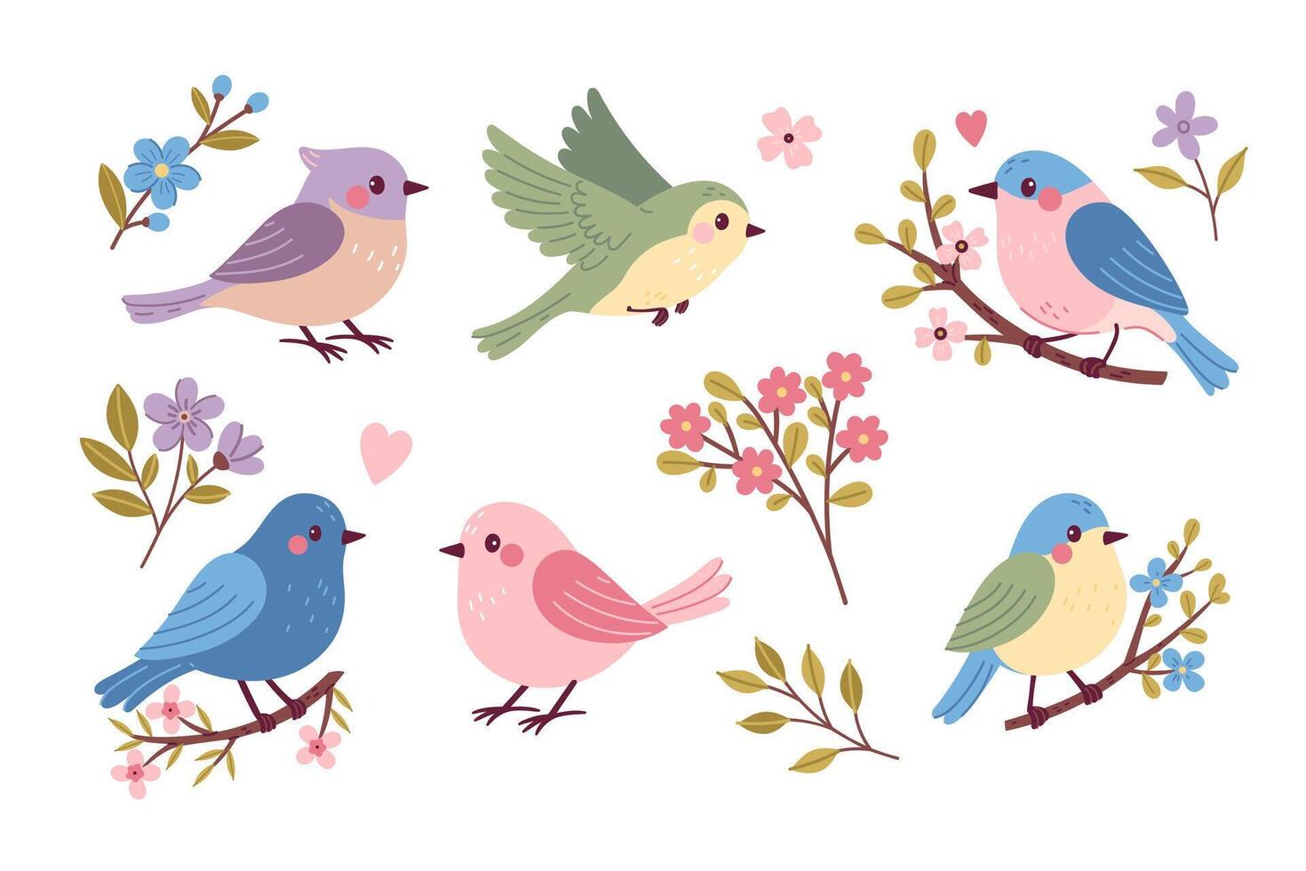 conjunto de linda primavera pájaros cantores y flores vector gráficos.