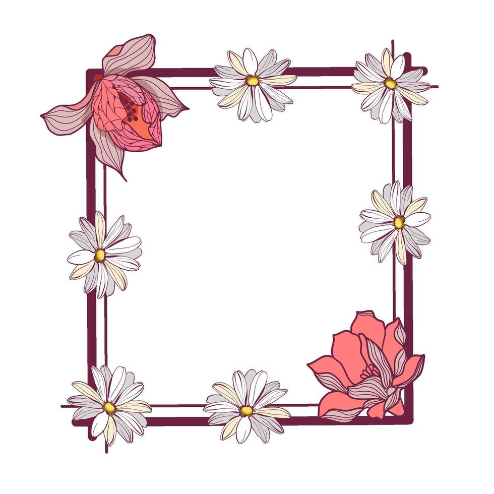 Floral holiday frame with magnolias and daisy flowers vector illustration