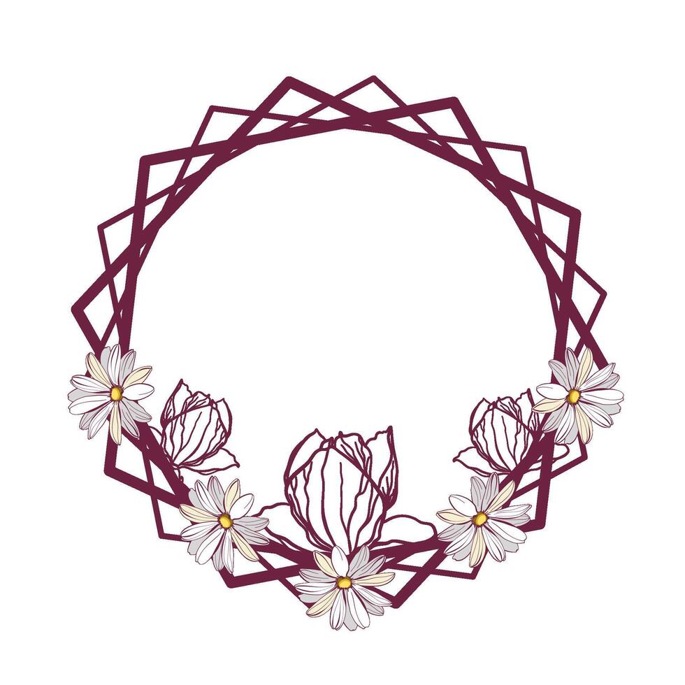 Floral geometric holiday frame with magnolias and daisy flowers vector