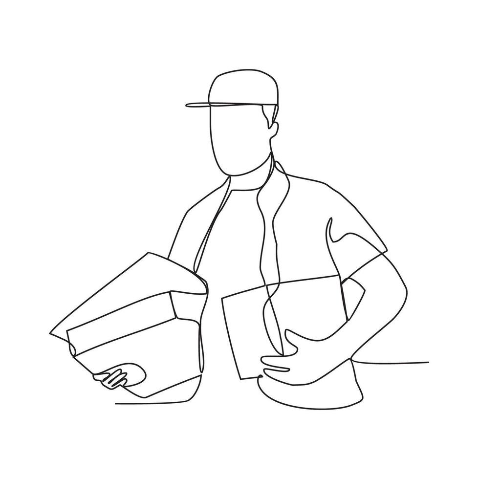 One continuous line drawing of package delivery person activity vector illustration. Illustration package delivery person while the goods will be given to the customer  in simple linear style vector.