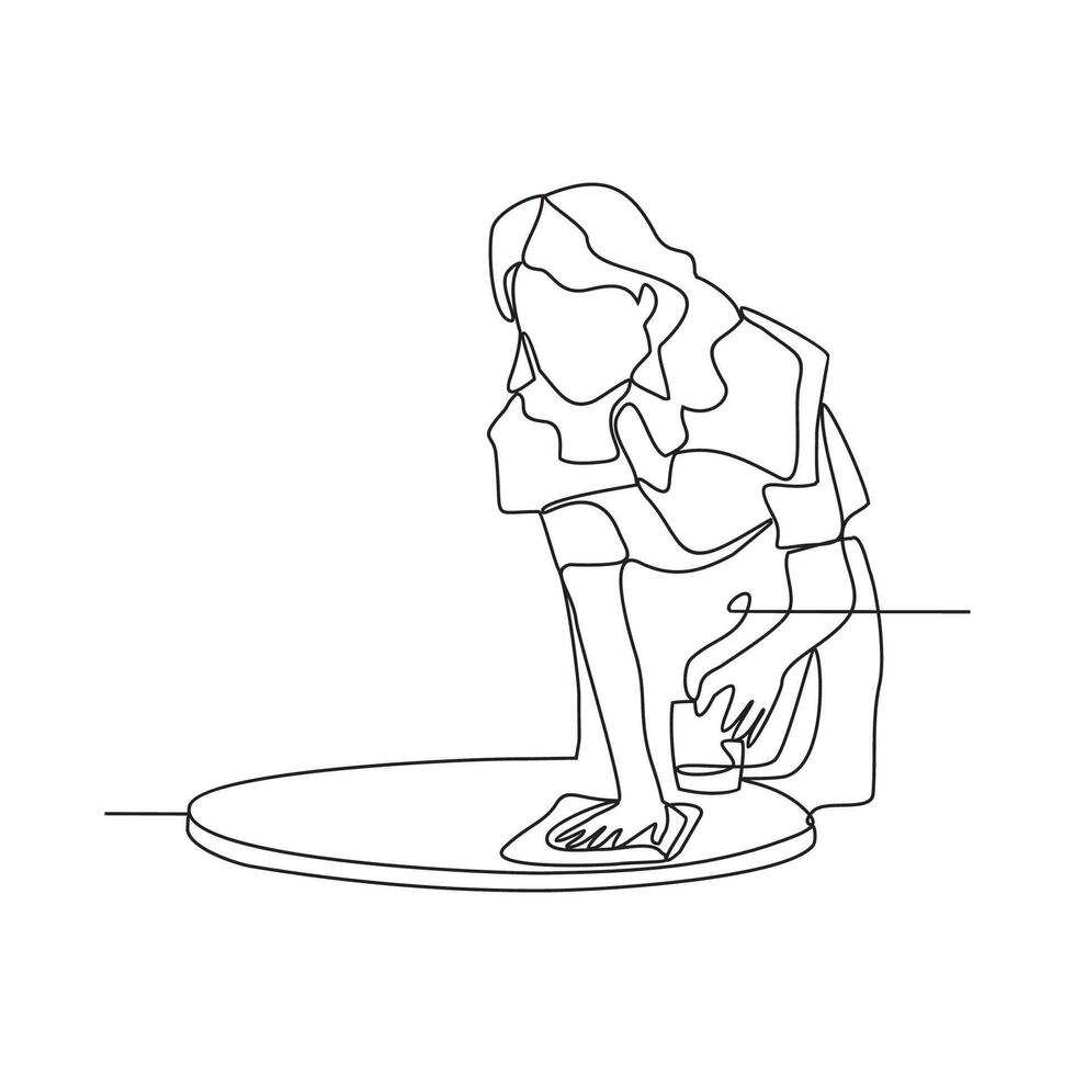 One continuous line drawing of People with housekeeping work activity vector illustration.  tasks such as sweeping, vacuuming, mopping, dusting, wiping down surfaces, and taking out the trash.