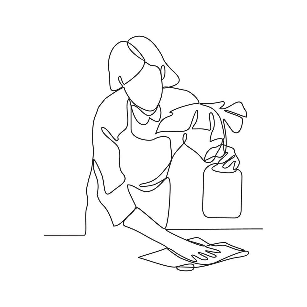 One continuous line drawing of People with housekeeping work activity vector illustration.  tasks such as sweeping, vacuuming, mopping, dusting, wiping down surfaces, and taking out the trash.