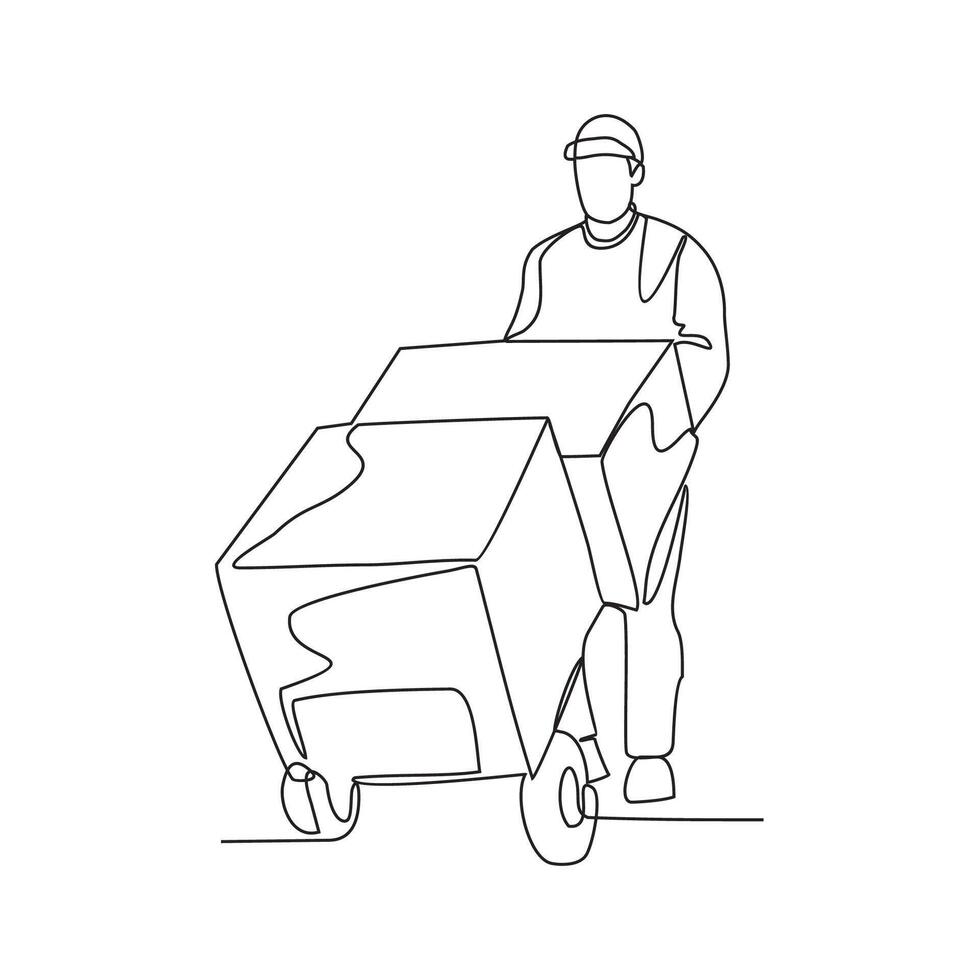 One continuous line drawing of package delivery person activity vector illustration. Illustration package delivery person while the goods will be given to the customer  in simple linear style vector.