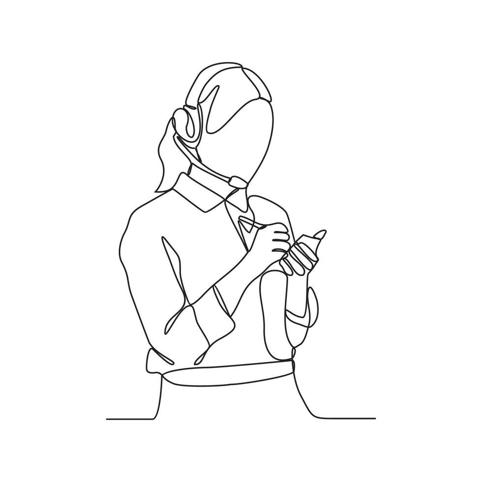 One continuous line drawing of customer service who is receiving calls from customers and serving request from these customers vector illustration. Customer service activity illustration simple linear