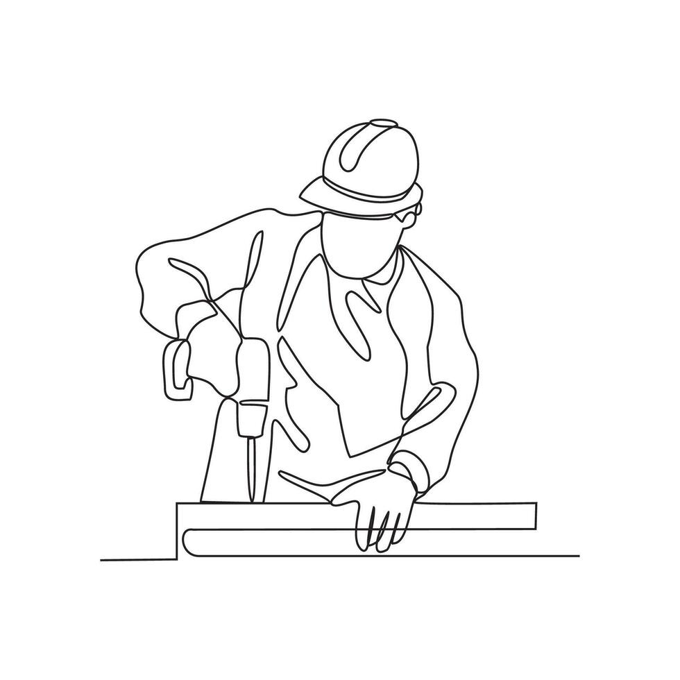 One continuous line drawing of a site worker is drilling into wood in building project vector illustration. Building construction site activity illustration simple linear style vector concept.