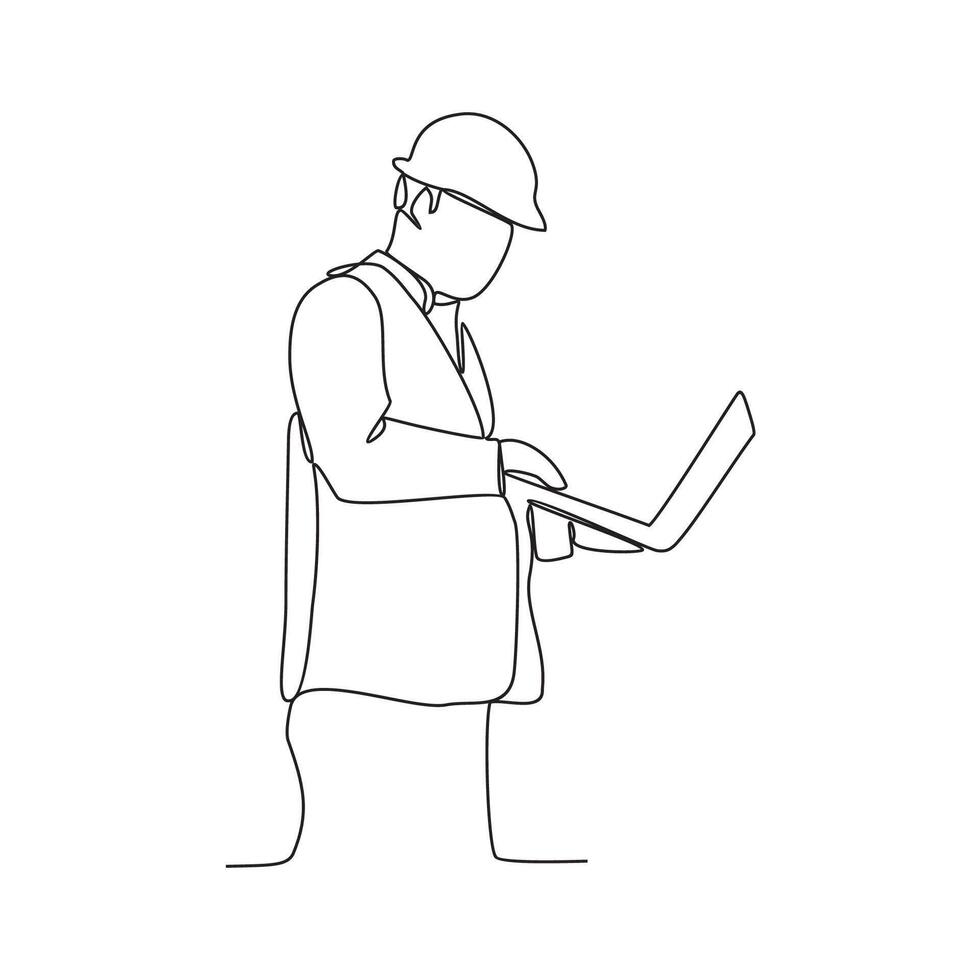 One continuous line drawing of construction engineer is reading the design and directing workers on site vector illustration. A construction engineer is working in the site office vector illustration.