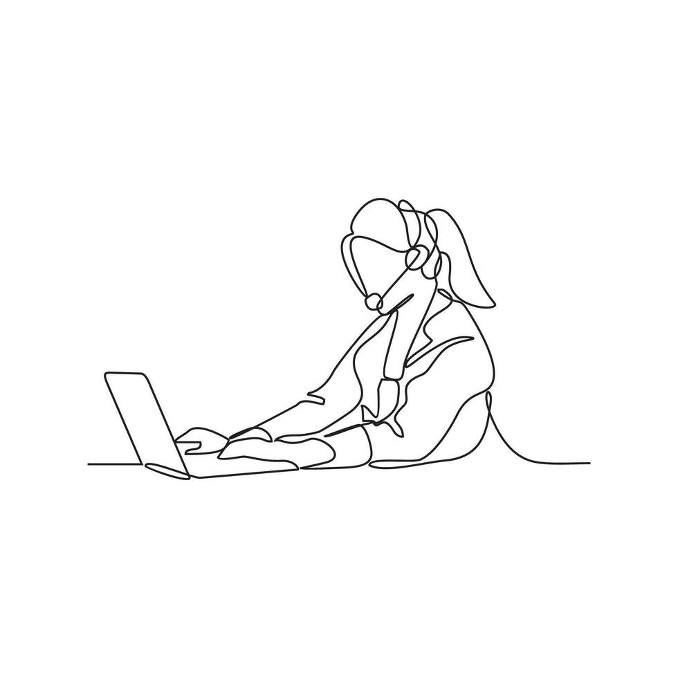 One continuous line drawing of customer service who is receiving calls from customers and serving request from these customers vector illustration. Customer service activity illustration simple linear