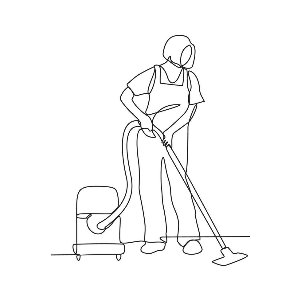 One continuous line drawing of People with housekeeping work activity vector illustration.  tasks such as sweeping, vacuuming, mopping, dusting, wiping down surfaces, and taking out the trash.