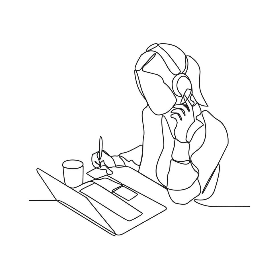 One continuous line drawing of customer service who is receiving calls from customers and serving request from these customers vector illustration. Customer service activity illustration simple linear