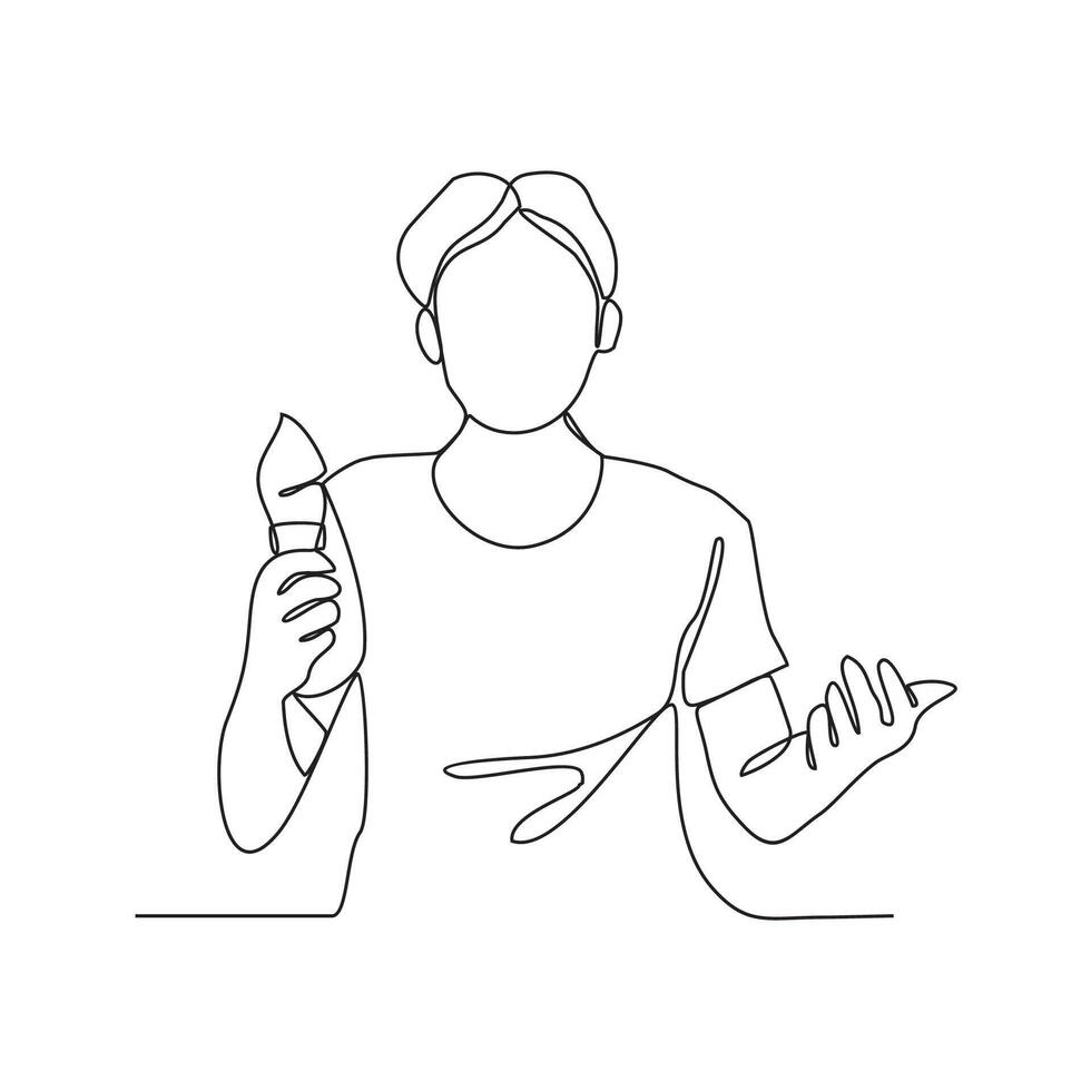 One continuous line drawing of a woman is holding ice cream ready to eat vector illustration. people with Food or drink activity in simple linear style concept vector. Suitable for your asset design.