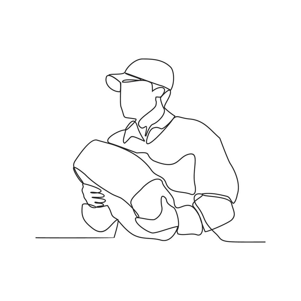 One continuous line drawing of package delivery person activity vector illustration. Illustration package delivery person while the goods will be given to the customer  in simple linear style vector.