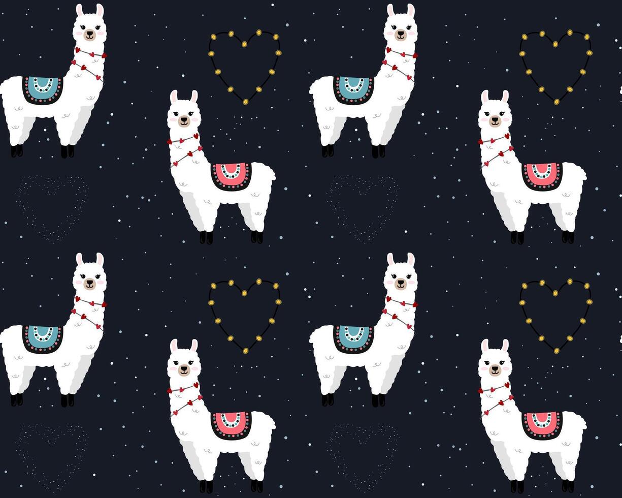 Seamless pattern with cute llamas on starry space background. Background for wrapping paper,  greeting cards and seasonal designs. Happy Valentines day. vector