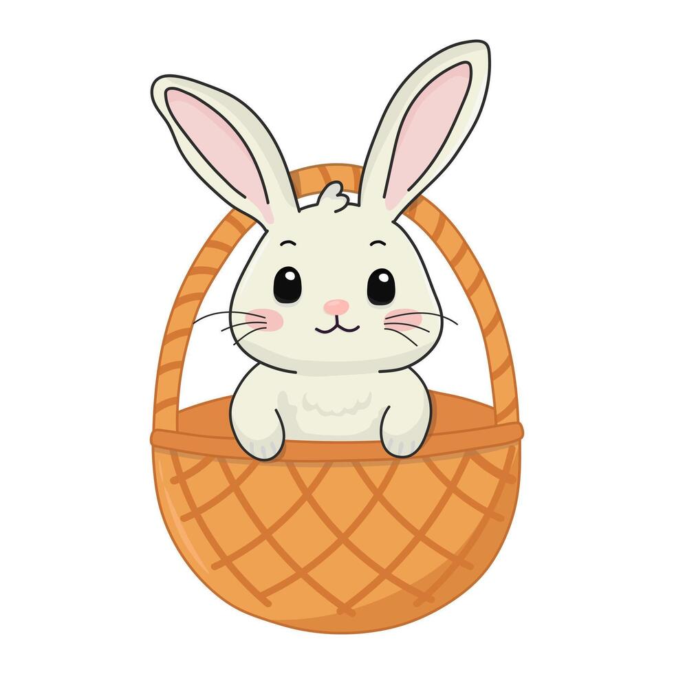 Cute rabbit in a basket with on white background. Congratulations and gifts for Easter vector