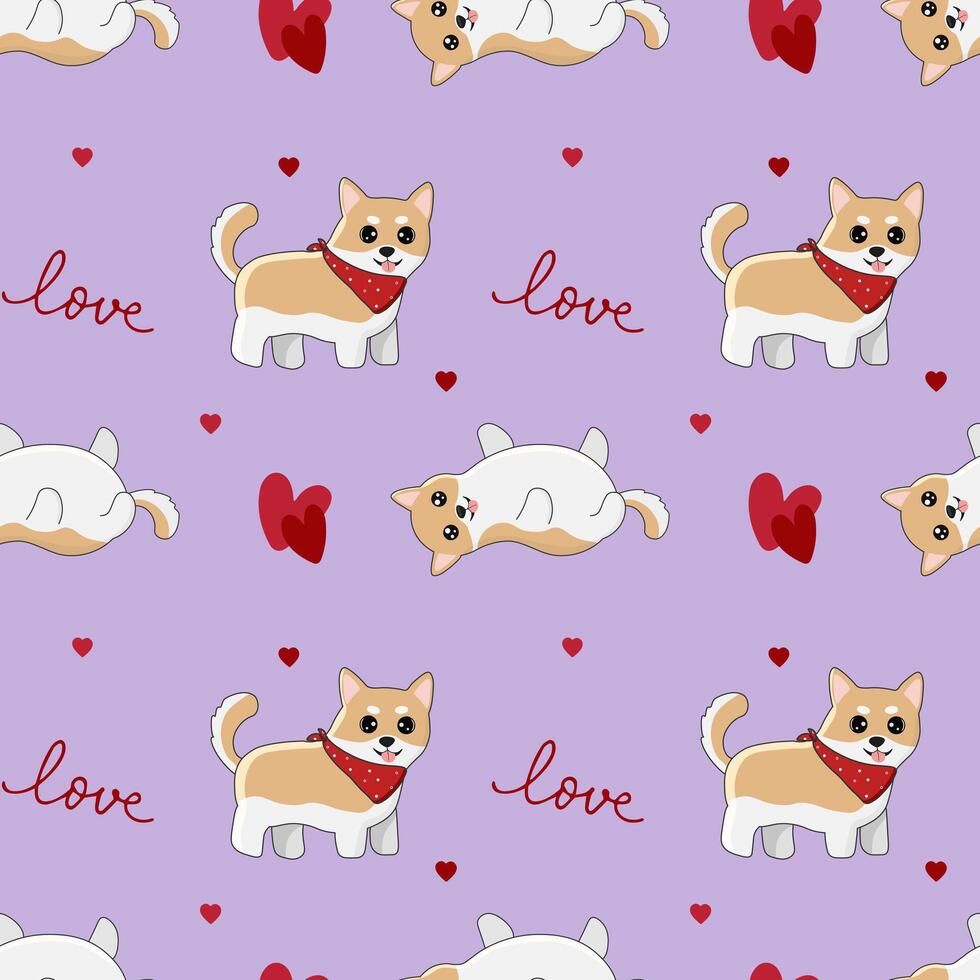 Seamless patten with shiba inu and hearts. Background for wrapping paper, greeting cards and seasonal designs. Happy Valentine's day. vector