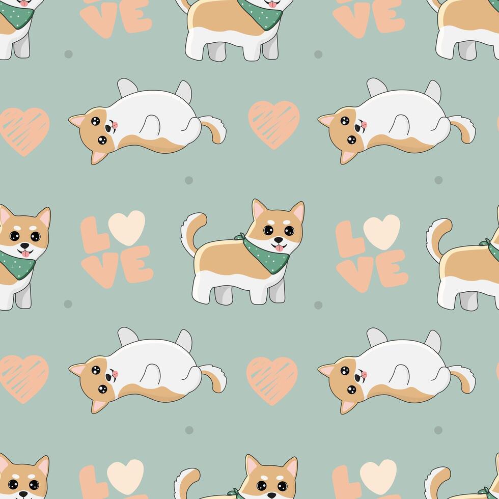 Seamless patten with shiba inu and hearts. Background for wrapping paper, greeting cards and seasonal designs. Happy Valentine's day. vector