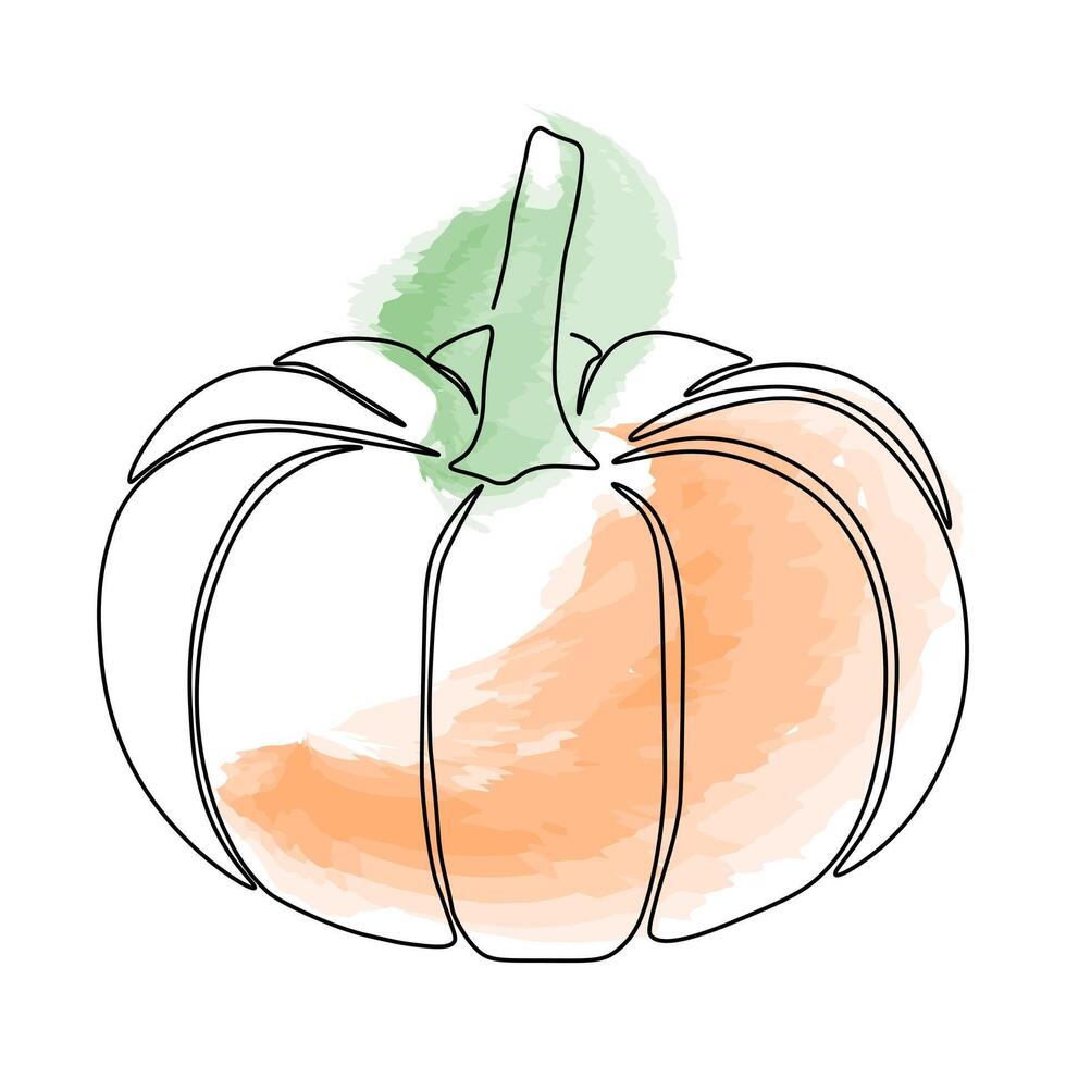 Continuous one line drawing pumpkin. Vector illustration. Black line art on white background. Cartoon pumpkin isolated on white background with colorful spots. Vegan concept