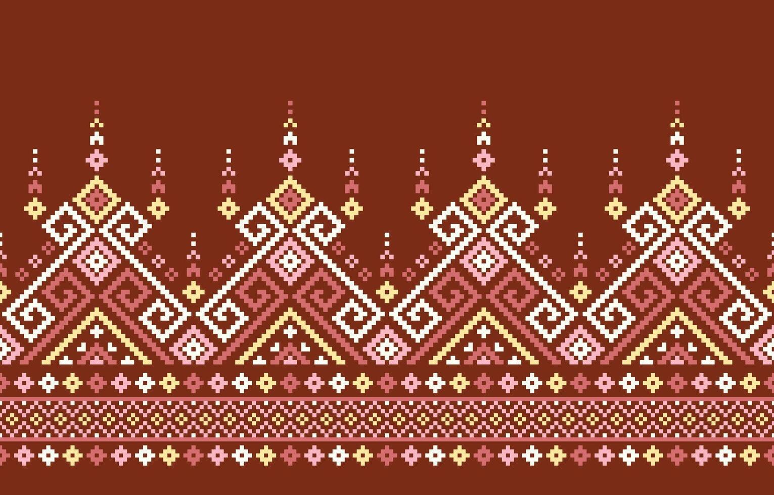 Ethnic pattern features a captivating mix of geometric shapes and stylized floral motifs on a brown background.  Bold colors create a visually striking and seamless design. vector
