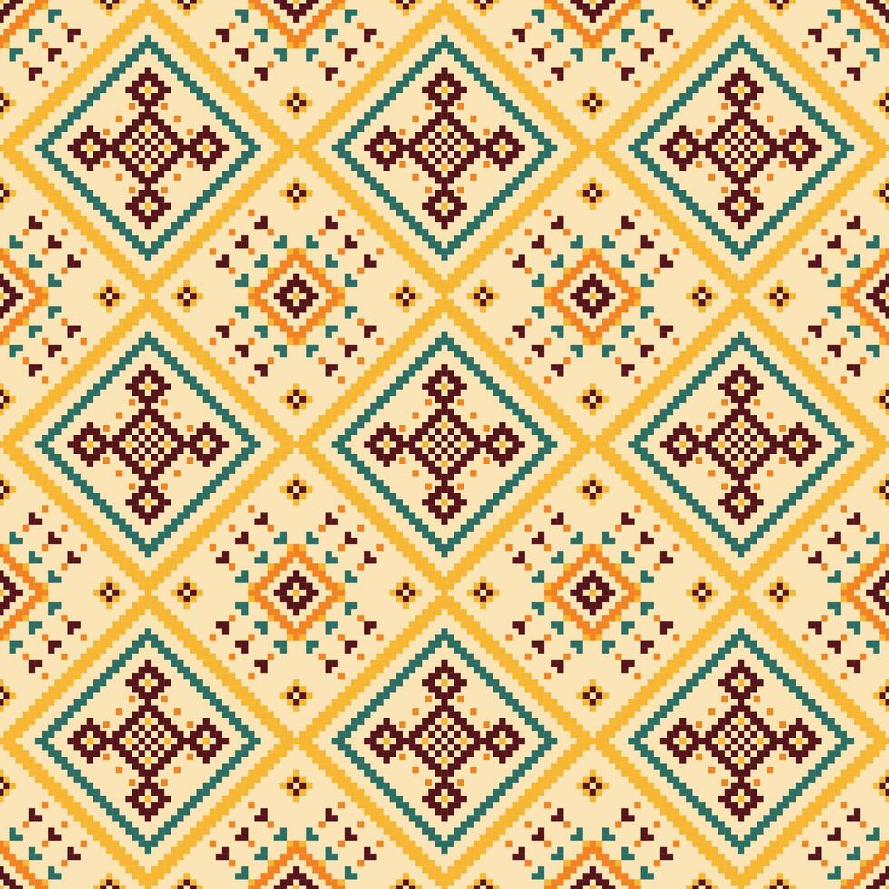 Ethnic fabric pattern showcases bold contrasting colors in a seamless geometric design reminiscent of traditional embroidery. vector