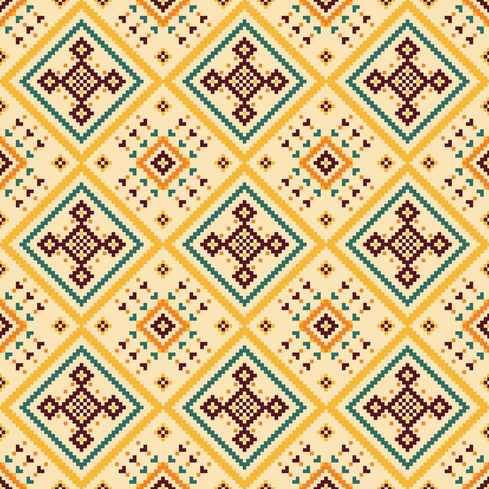 Ethnic fabric pattern showcases bold contrasting colors in a seamless geometric design reminiscent of traditional embroidery. vector