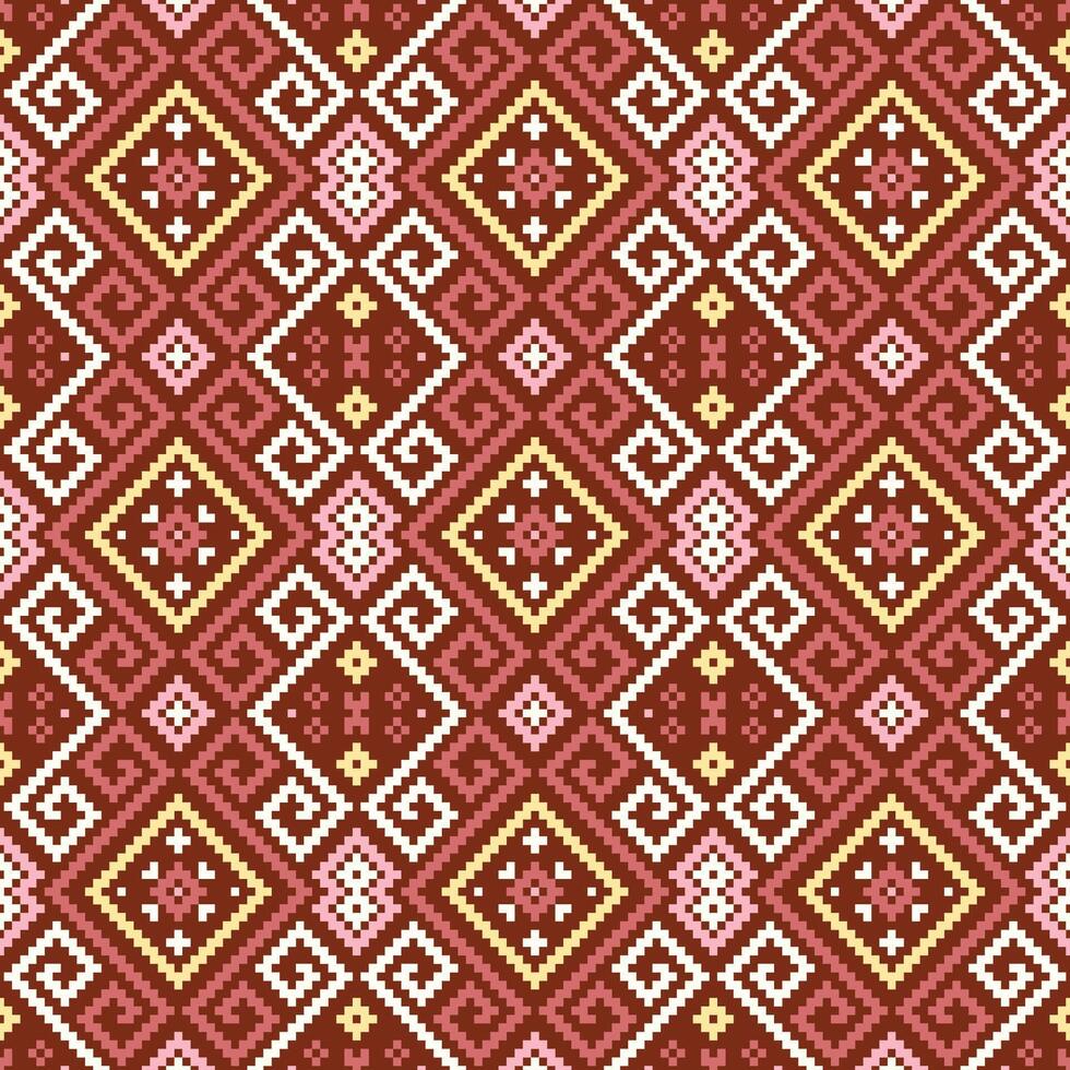 Ethnic pattern features interlocking geometric shapes in a seamless repeat pattern,pink,yellow and brown on a beige background. vector