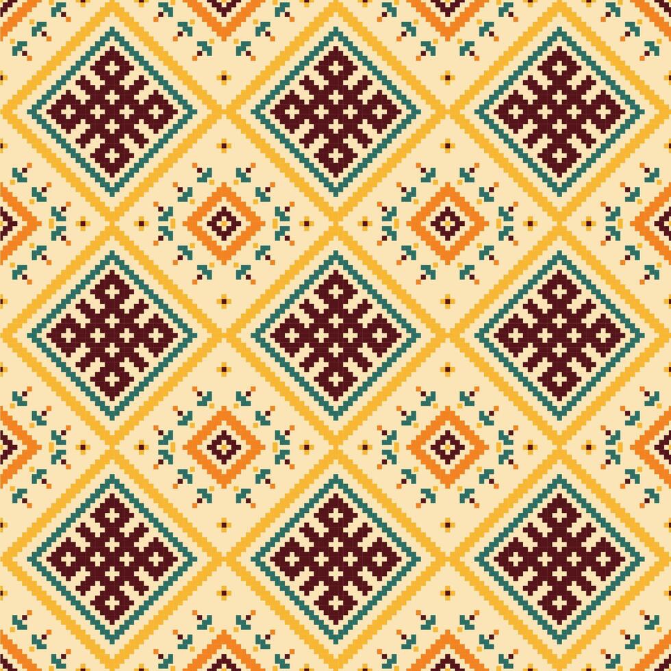 Ethnic fabric pattern features a richly embroidered texture. Geometric shapes dance across the surface, creating a captivating seamless design. vector