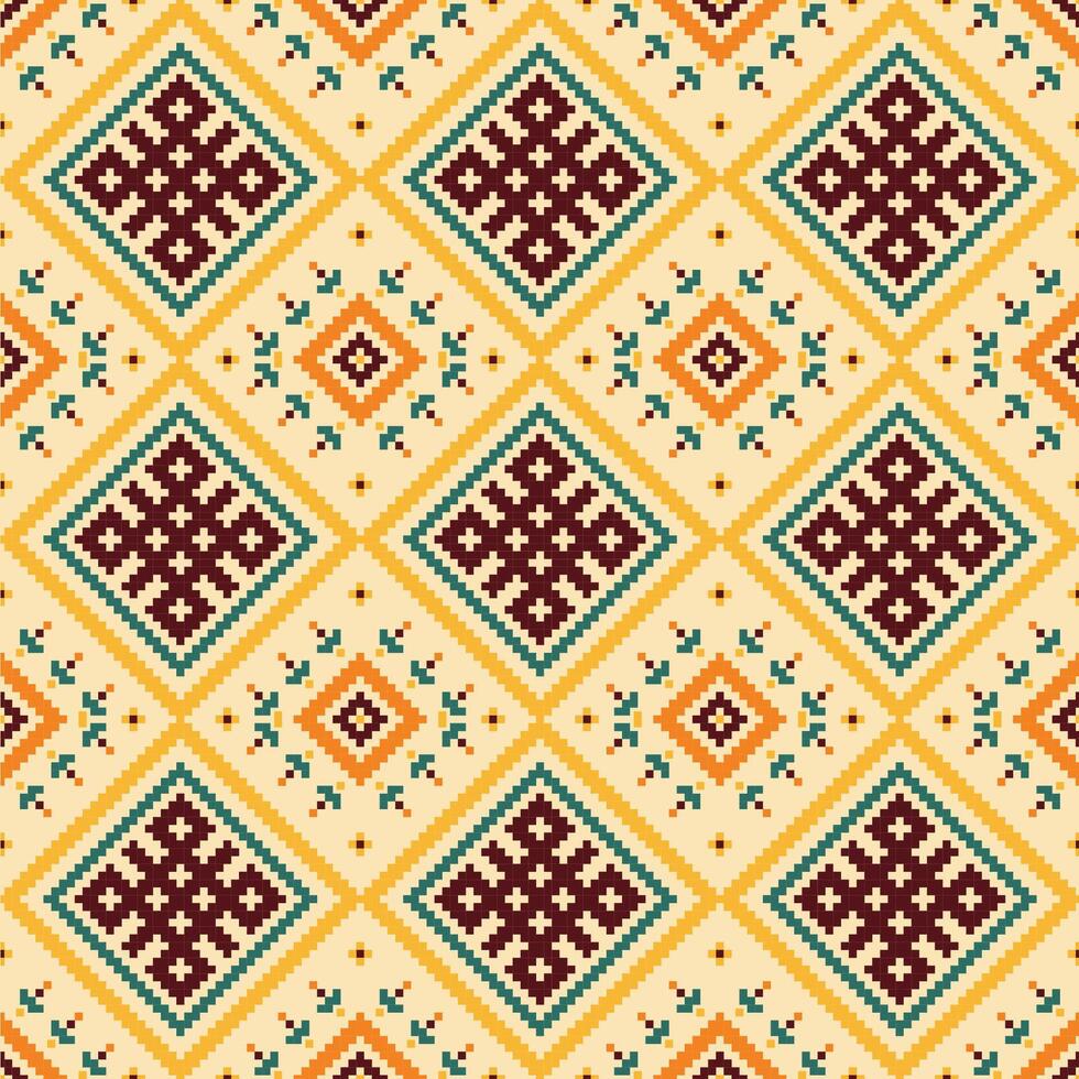 Ethnic fabric pattern features a richly embroidered texture. Geometric shapes dance across the surface, creating a captivating seamless design. vector