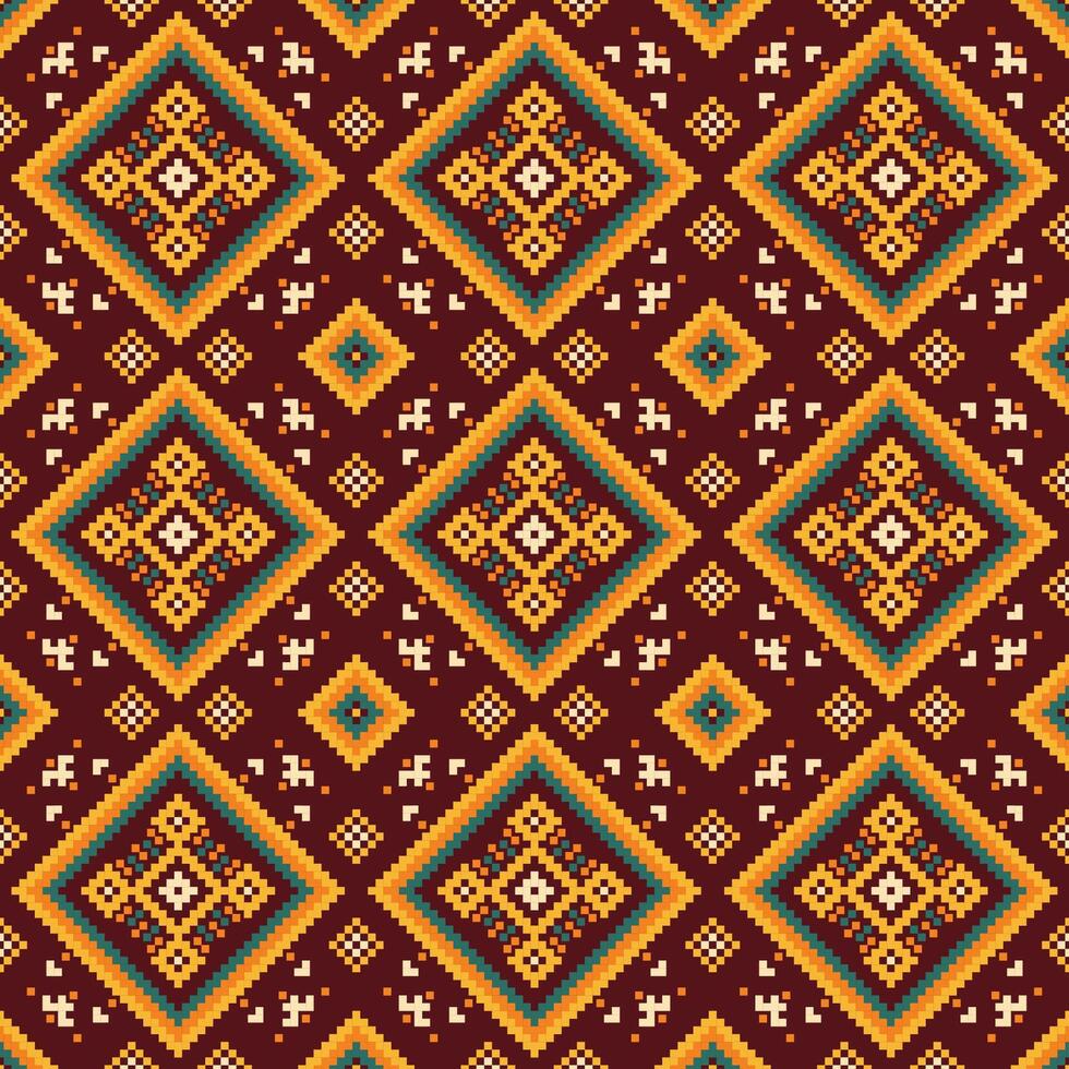 Seamless ethnic pattern inspired by traditional embroidery techniques. Geometric shapes and bold colors create a striking fabric design. vector