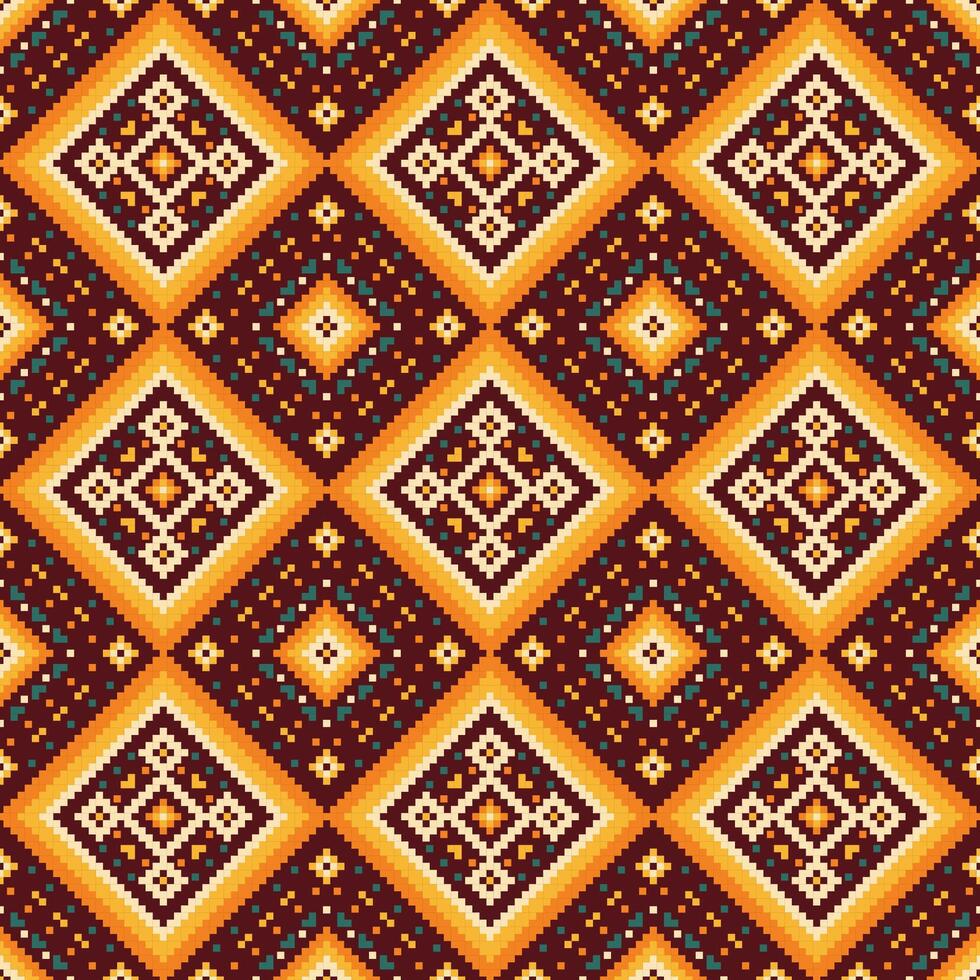 Vibrant pixel art fabric pattern showcases a seamless ethnic pattern design. Bold geometric shapes, including squares, triangles, and diamonds, create a captivating retro aesthetic. vector