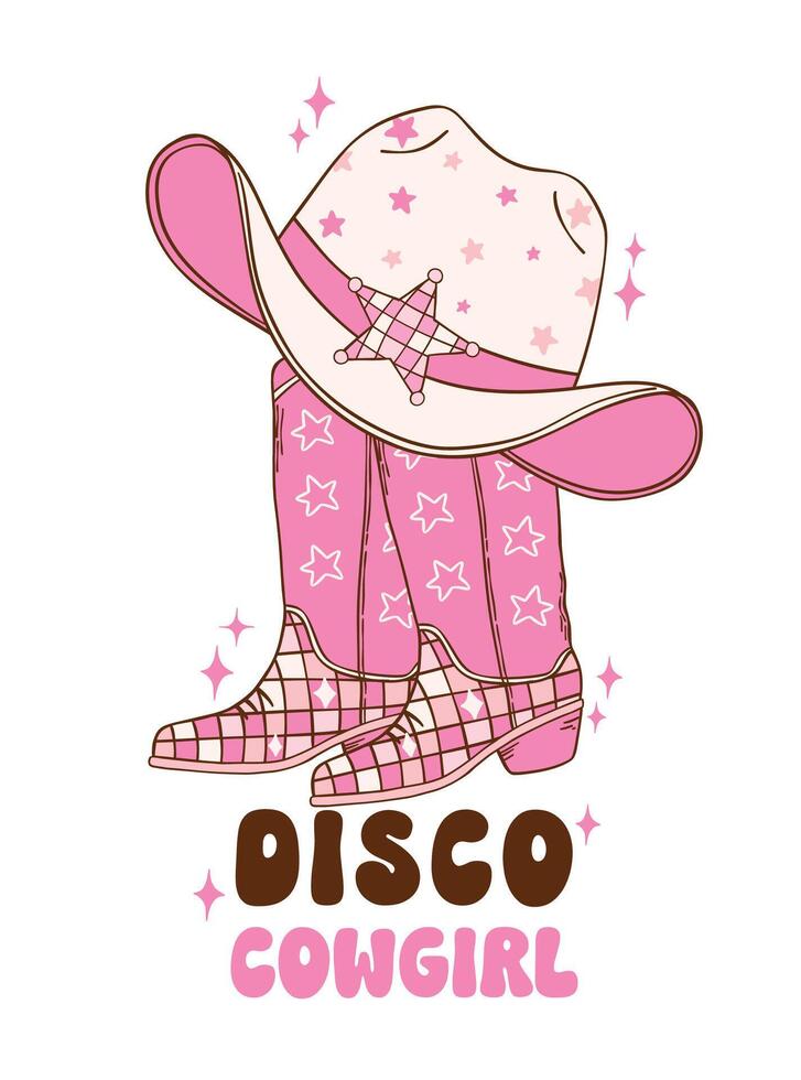 Pink Disco Cowgirl boots and hat illustration, trendy retro groovy vibes disco era. vector