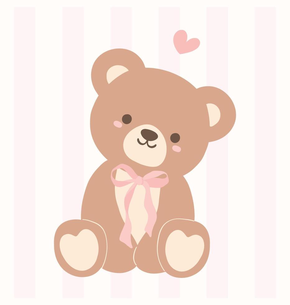 Cute Coquette Teddy Bear with Pink Ribbon Bow Adorable Illustration vector