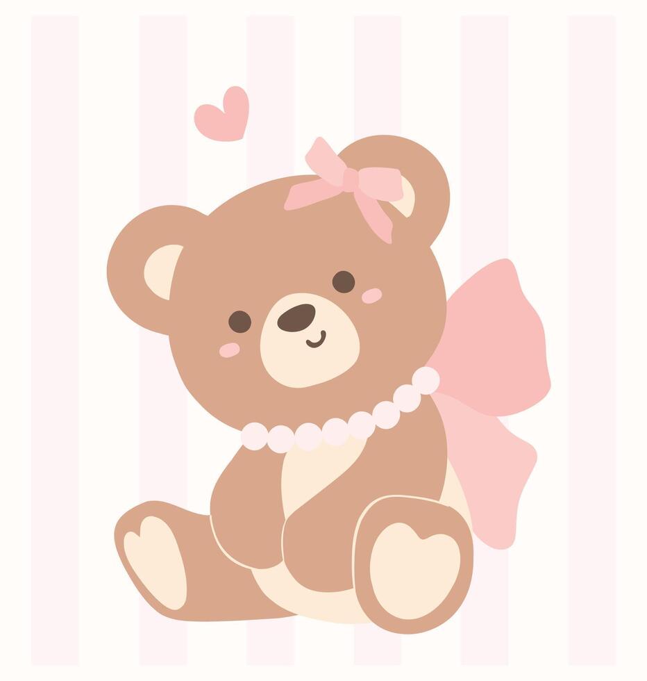 Cute Coquette Teddy Bear with Pink Ribbon Bow Adorable Illustration vector