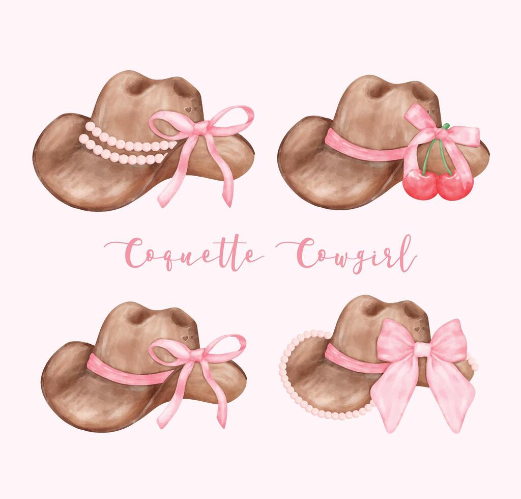 Watercolor Coquette Cowgirl Hat with pink ribbon bow collection.  Feminine cowboy hat Whimsical Illustration vector