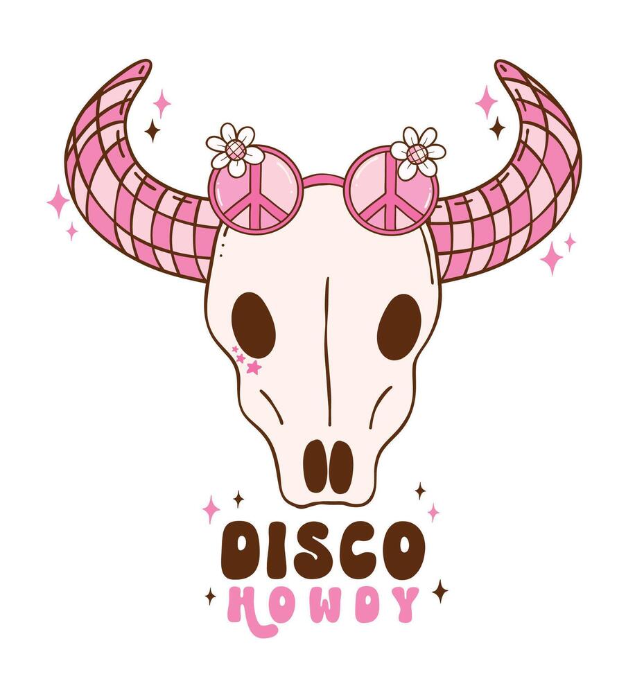 Disco Cowgirl bull skull doodle hand drawing illustration, trendy retro groovy vibes disco era. vector