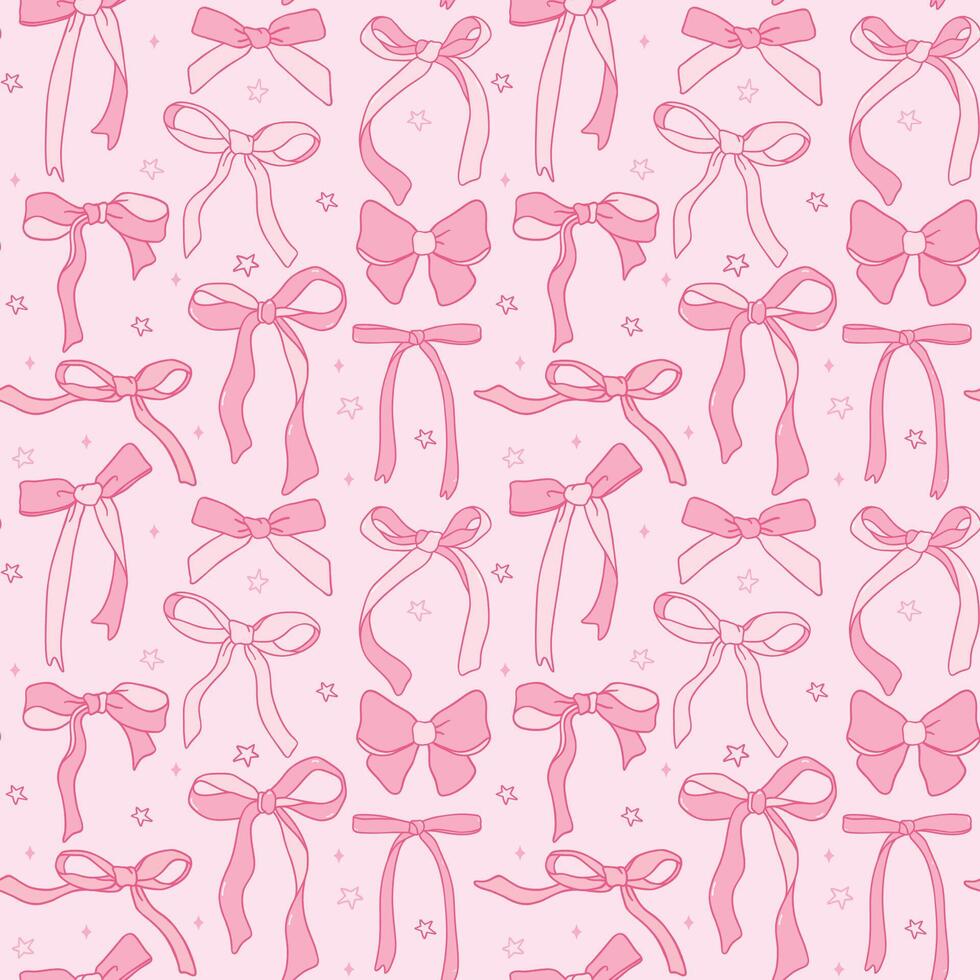 cute coquette ribbon bow pattern seamless doodle outline isolated on pink background. vector
