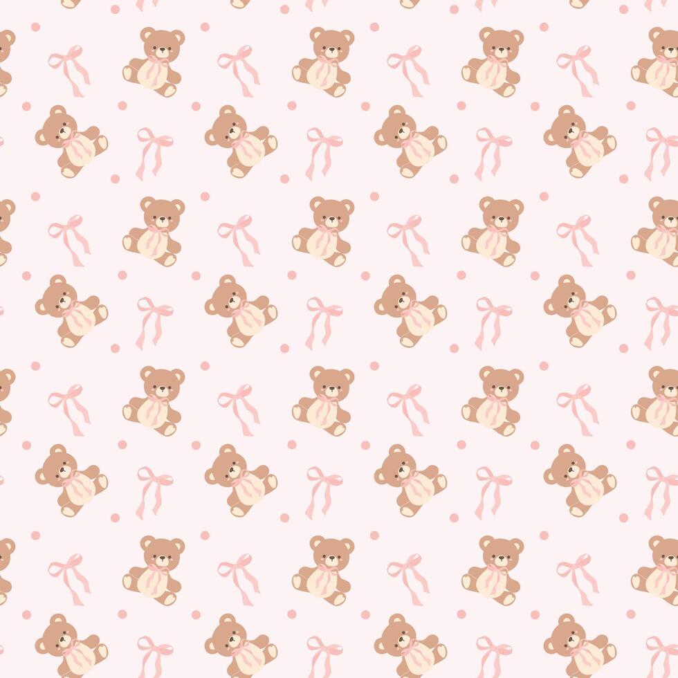 Coquette Teddy Bear with Pink Ribbon Bow Pattern. Seamless Isolated on Light Pink Background vector