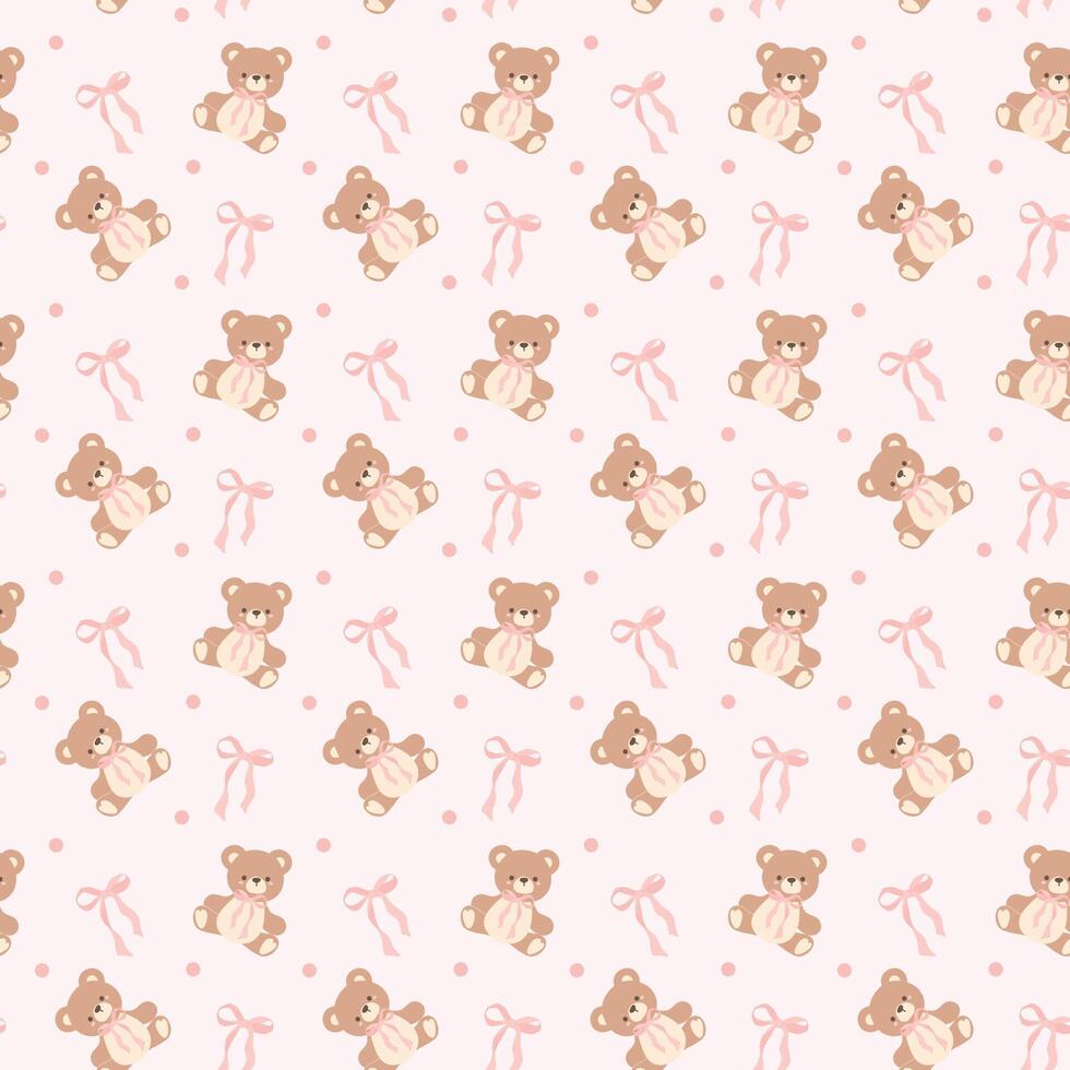 Coquette Teddy Bear with Pink Ribbon Bow Pattern. Seamless Isolated on Light Pink Background vector