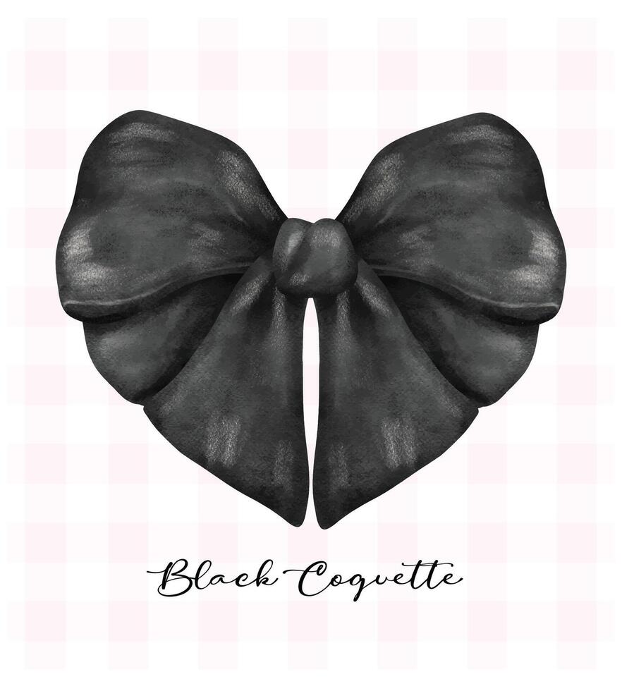 Black coquette ribbon bow hart shape, aesthetic watercolor hand drawing vector