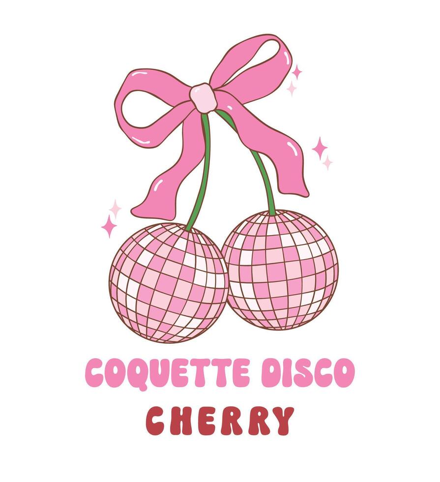 Coquette Disco ball cherry pink with ribbon bow illustration, trendy groovy vibes disco era. vector