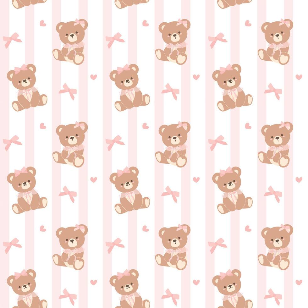 Coquette Teddy Bear with Pink Ribbon Bow Pattern Seamless preppy isolated on white Background. vector