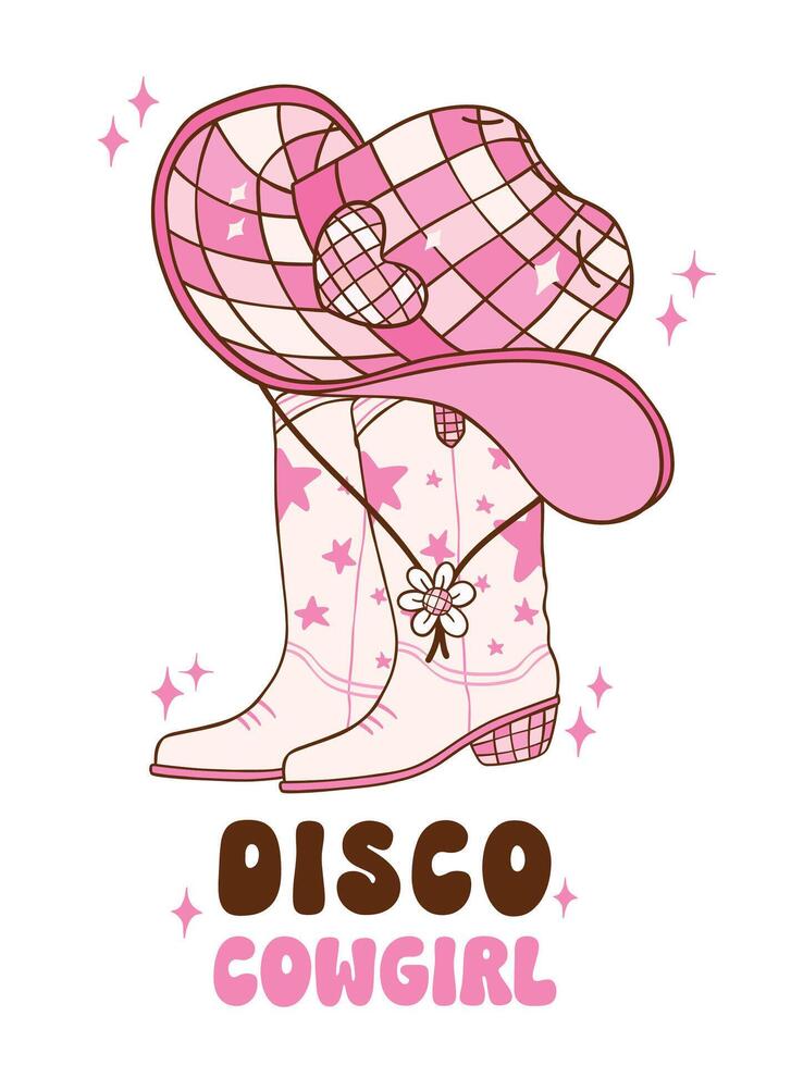 Pink Disco Cowgirl boots and hat illustration, trendy retro groovy vibes disco era. vector