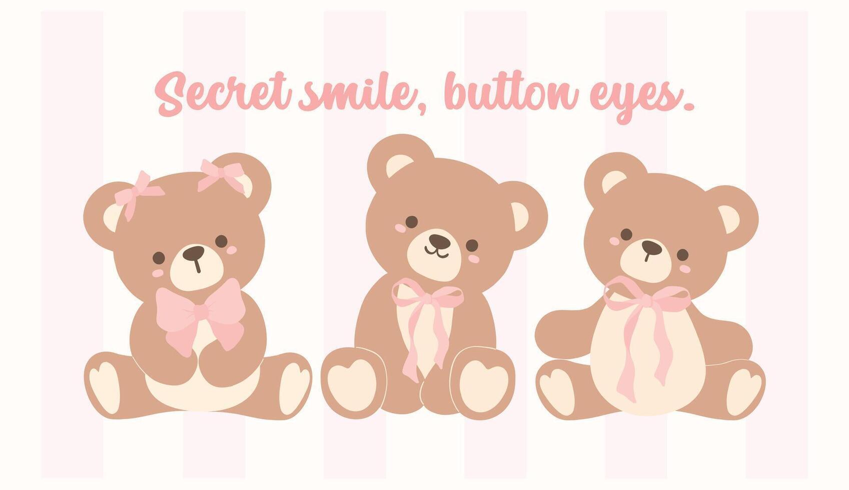 Cute Coquette Teddy Bear trio with Pink Ribbon Bow, Adorable Illustration vector