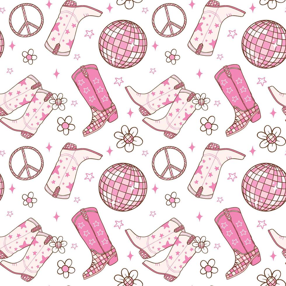 Disco Cowgirl boots Seamless Pattern Groovy Repeating Background Vibes isolated on background. vector