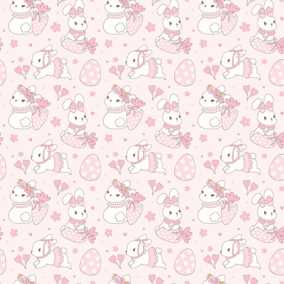Coquette Easter bunny Seamless Pattern in pink theme with ribbon bow cartoon doodle hand drawing. vector