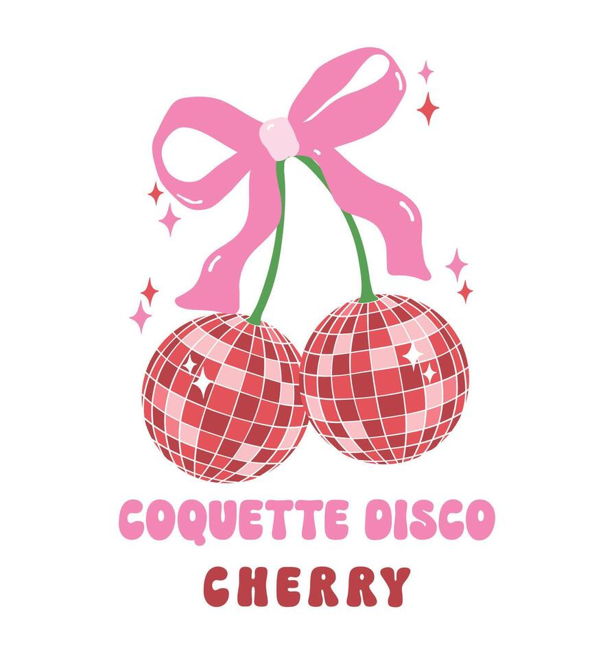 Coquette Disco ball cherry red illustration, trendy groovy vibes disco era. vector