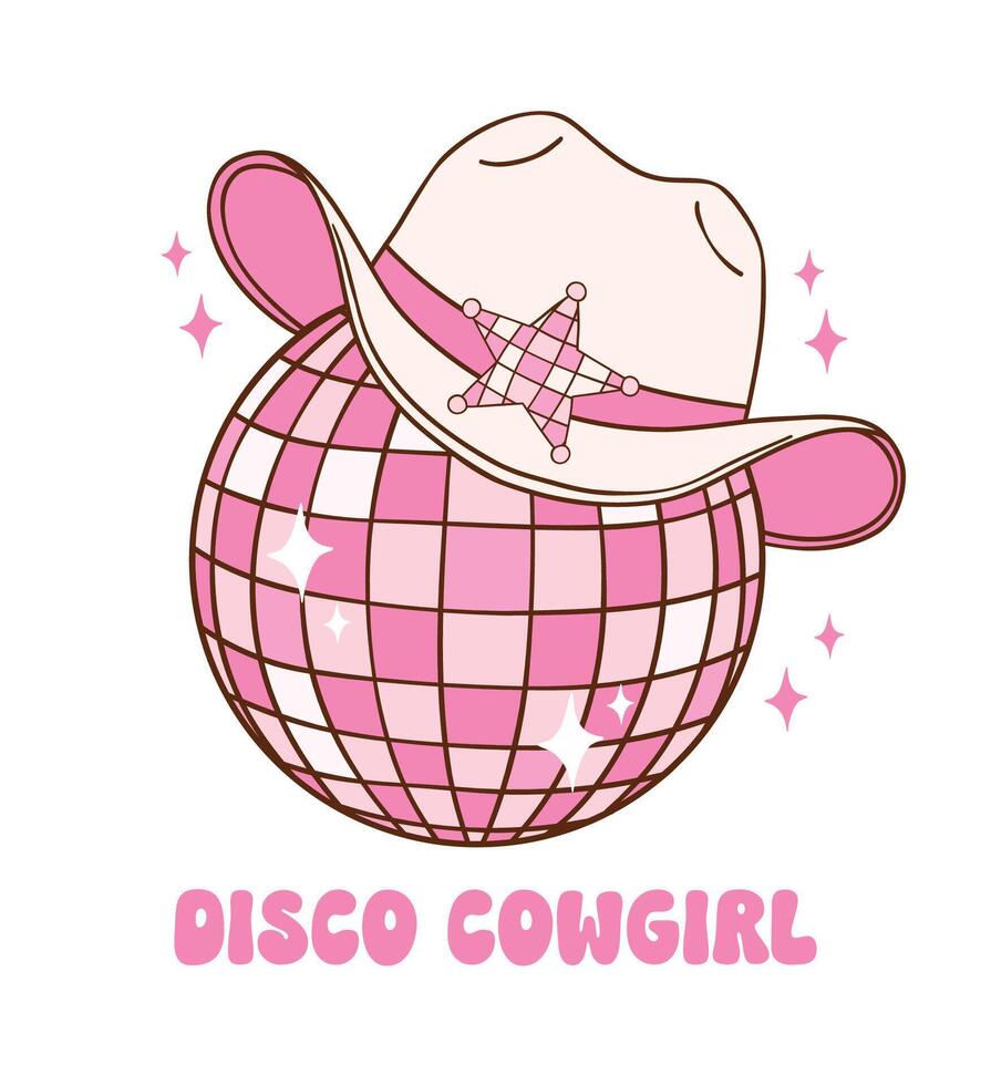 Pink Disco ball Cowgirl hat illustration, trendy groovy vibes disco era. vector